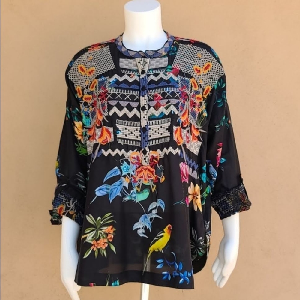 JOHNNY WAS BIYA ANTHRO Veda Embroidered Silk Blouse S M L Shirt Peasant Top Boho - Picture 14 of 15